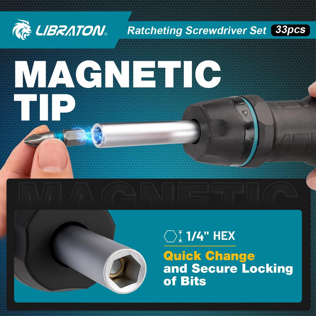 LIBRATON Magnetic Ratchet Driver Set with Interchangeable and Pozidriv Bits Set, 33-Piece Screwdrivers, Phillips, Flathead, Square, Hex, Torx,
