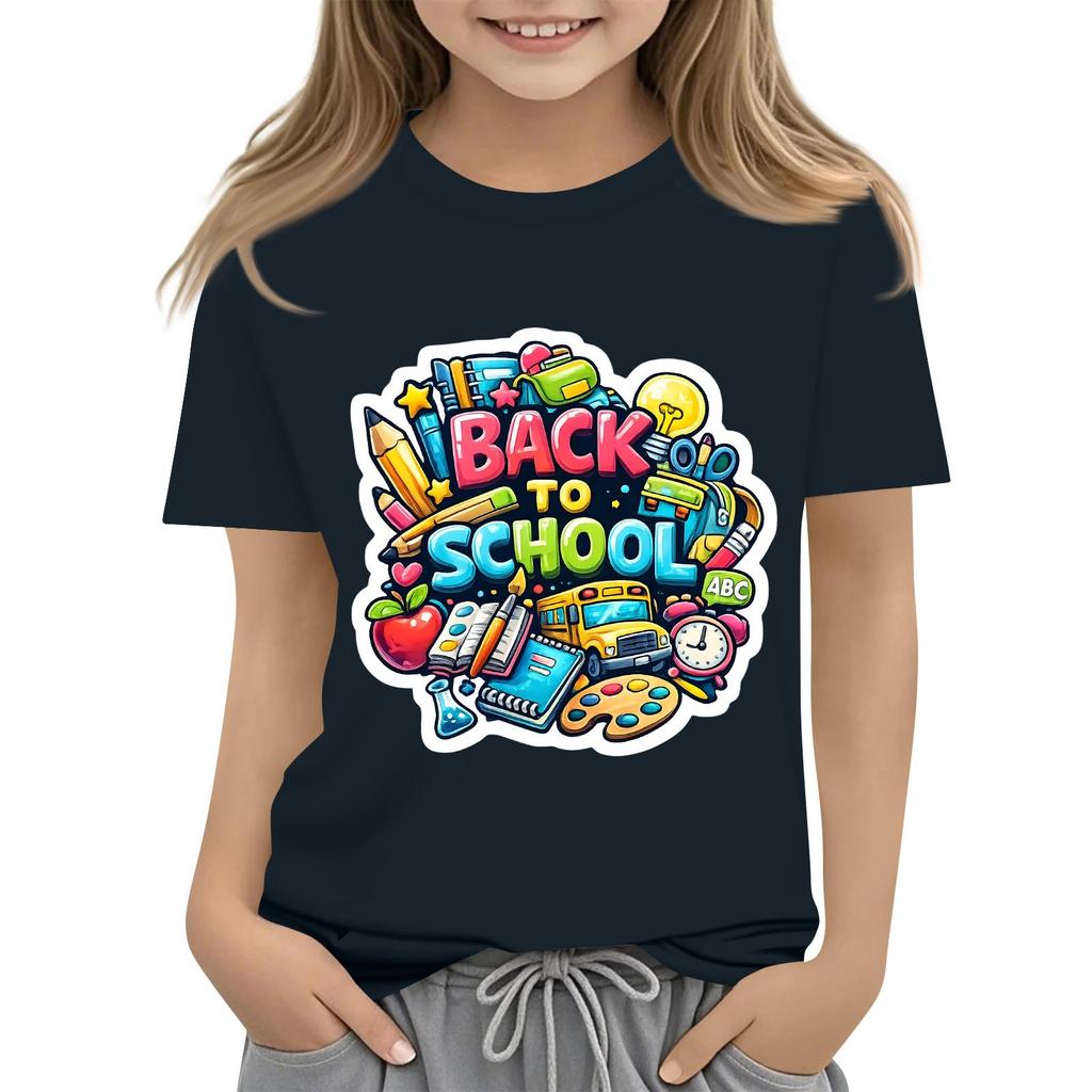 Children's Casual and Fashionable Round-Neck Printed Short-Sleeve Top for Back-to-School