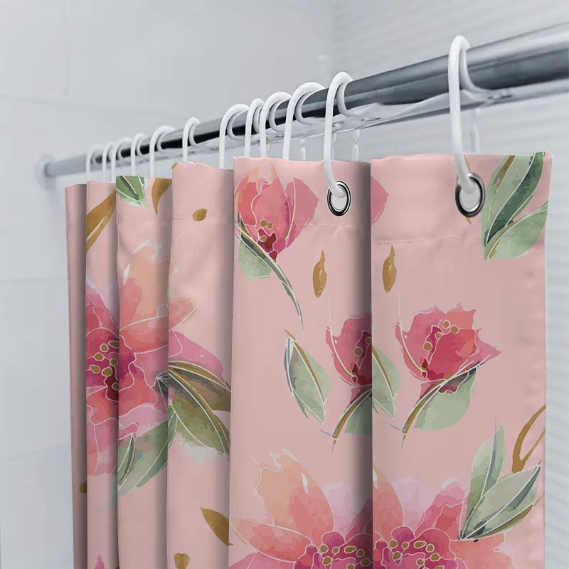 Soft Breathable Peach Floral Shower Curtain For Bathroom Decor With Green Leaves Pink Flower Fabric Waterproof Washable Bath L