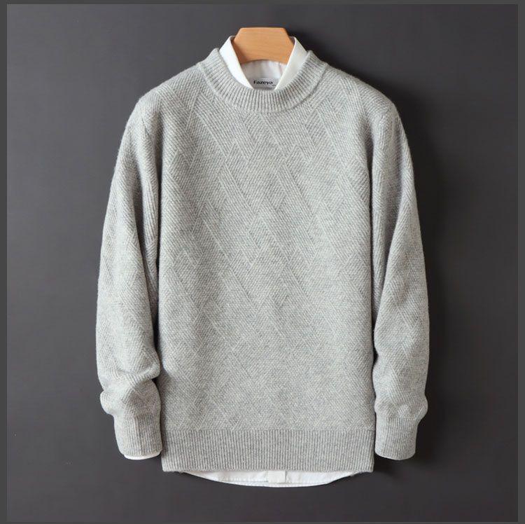 Suéter de Cachemira para Hombre Holgado y Grueso Jacquard Cuello Redondo Suéter de Punto para Hombre Otoño e Invierno Color Sólido