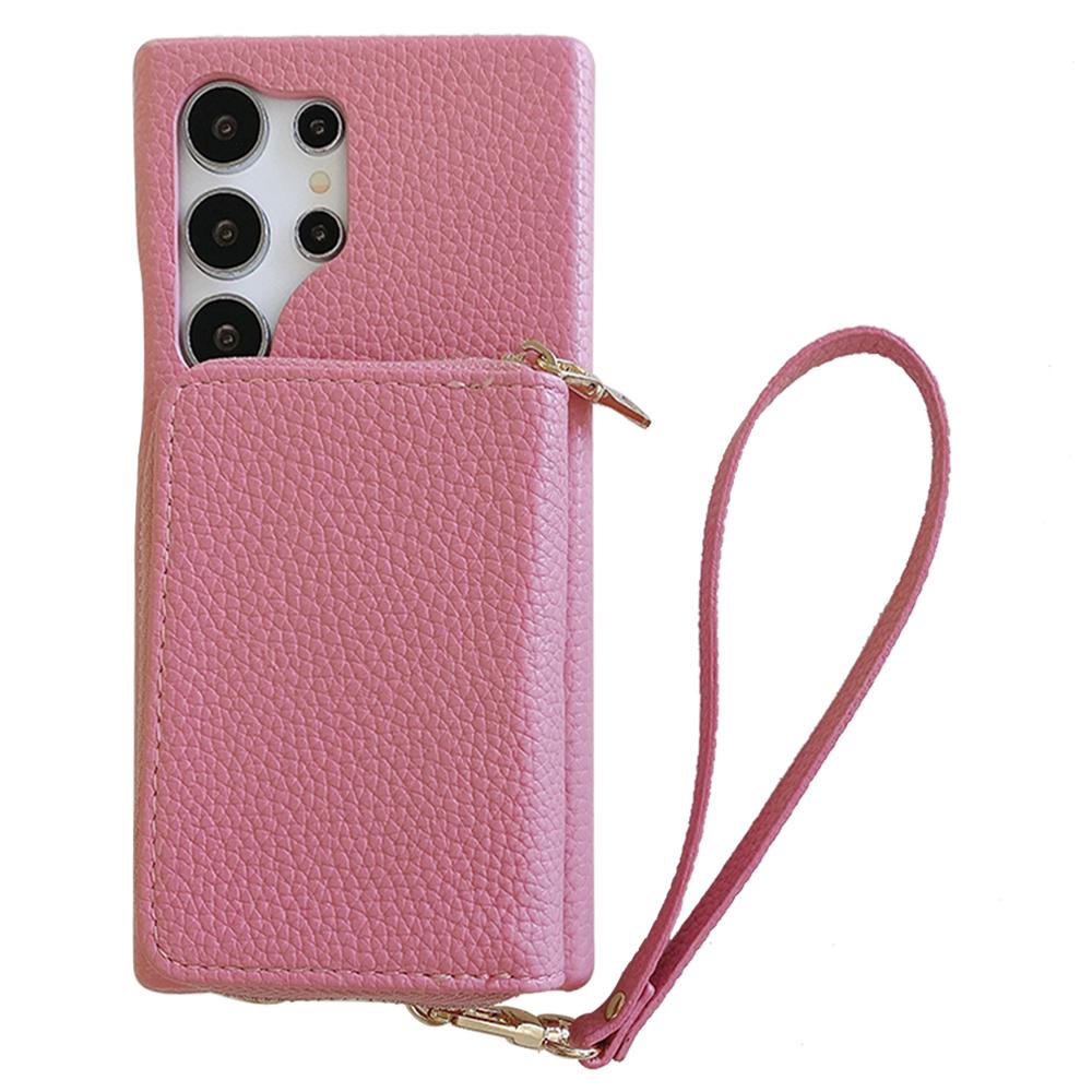 For Samsung Galaxy S23 Ultra Case Zipper Card Slots PU Leather Phone Back Cover with Wrist Strap