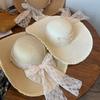 Casual Woven Straw Hat Lace Bow Sun Shading Beach Hat Large Brim Summer Hat Women