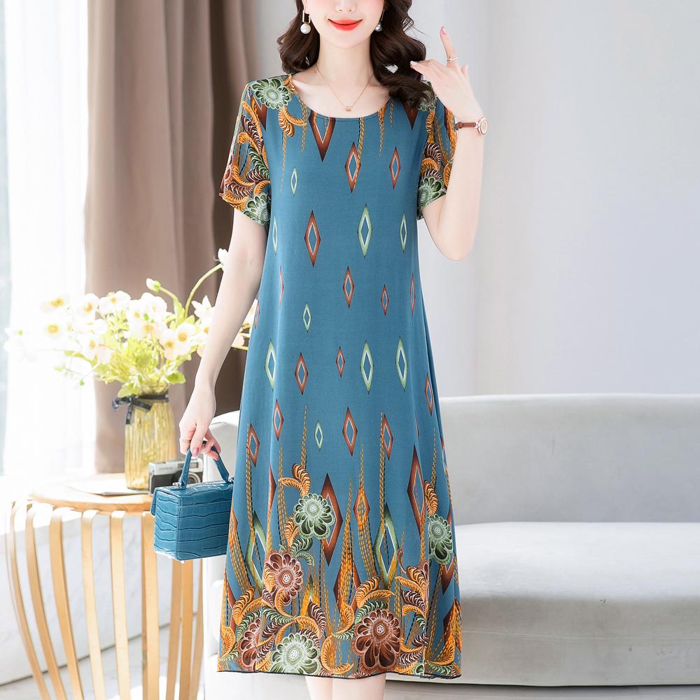 Dle Aged Mother Wearing Cotton Silk Dress Summer Dress for Long Vintage Loose Women Elegant Short Sleeve Casual O-neck Dresses Print Woman Clothing