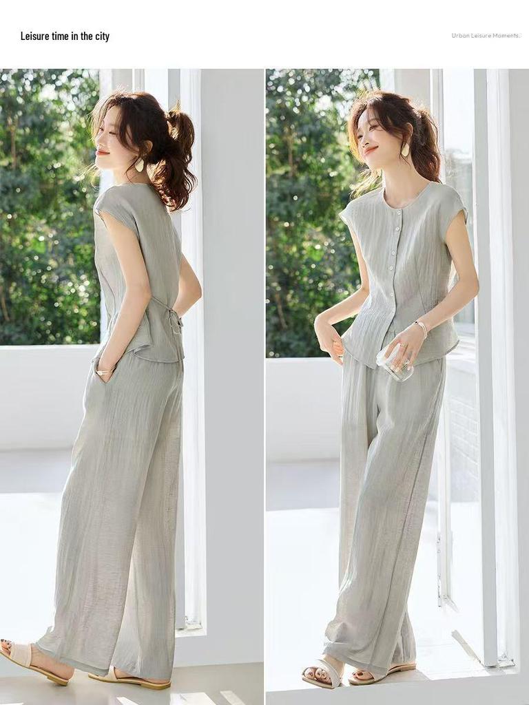 2026 Summer Casual Elegant Sleeveless Top & Pants Set - Light Commute, Loose Fit, Round Neck