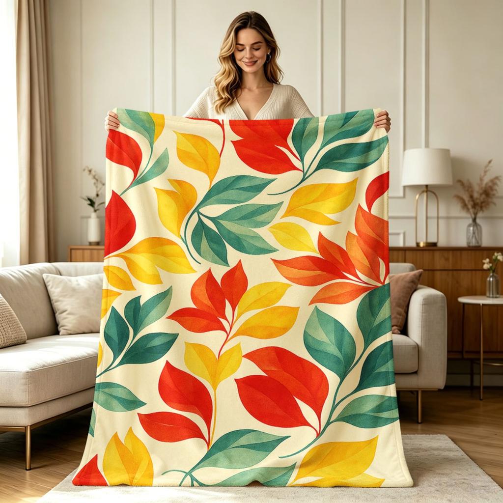 Soft Warm Flannel Blanket with Watercolor Fall Leaf Print All Season Throw Blanket for Sofa Couch Bed Office Living Room Home Decor