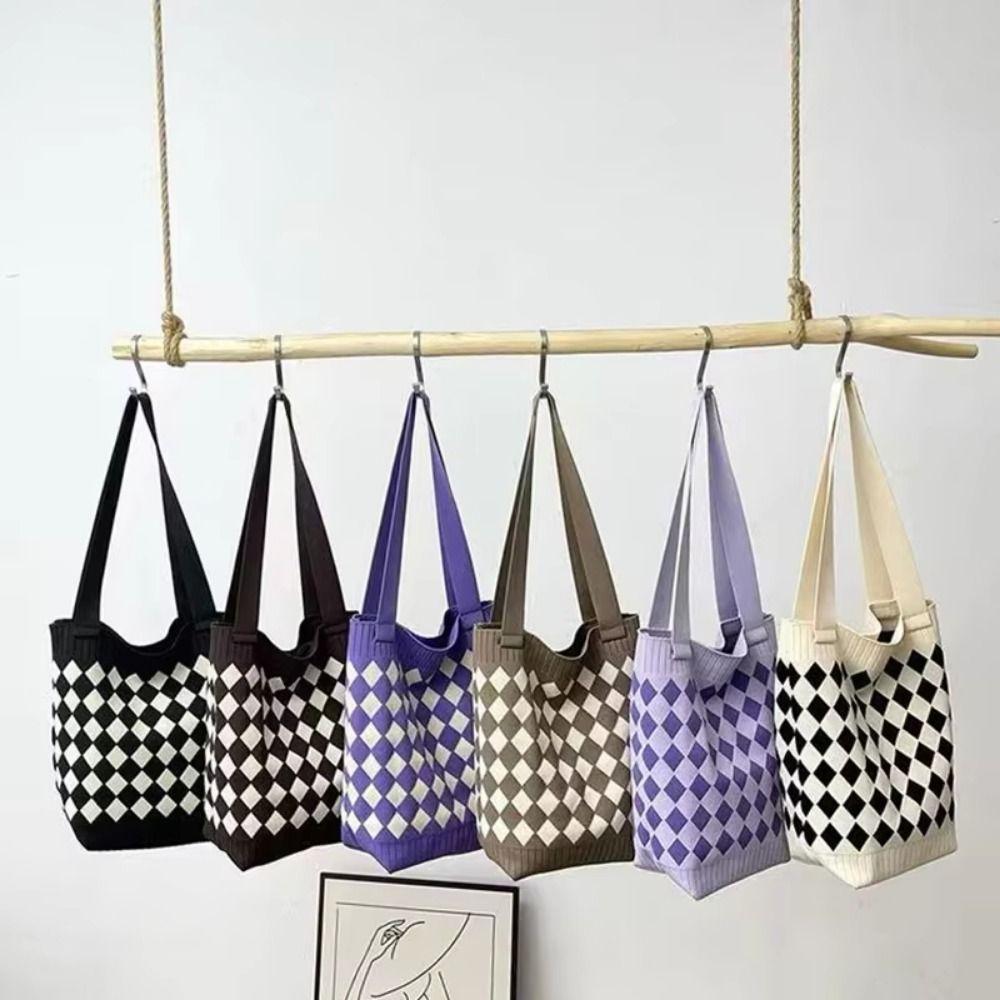 Rhombus Knitted Knitted Shoulder Bag Comfortable Handle Plaid Women's Handbag Portable Large Capacity Crochet Tote Bag Outing
