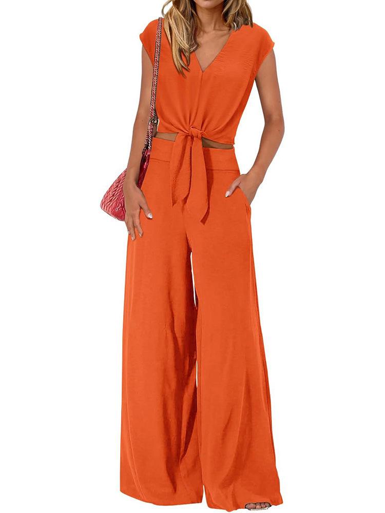 2026 Summer V-neck Lace-up Cropped Wide-leg Pants Set for Women