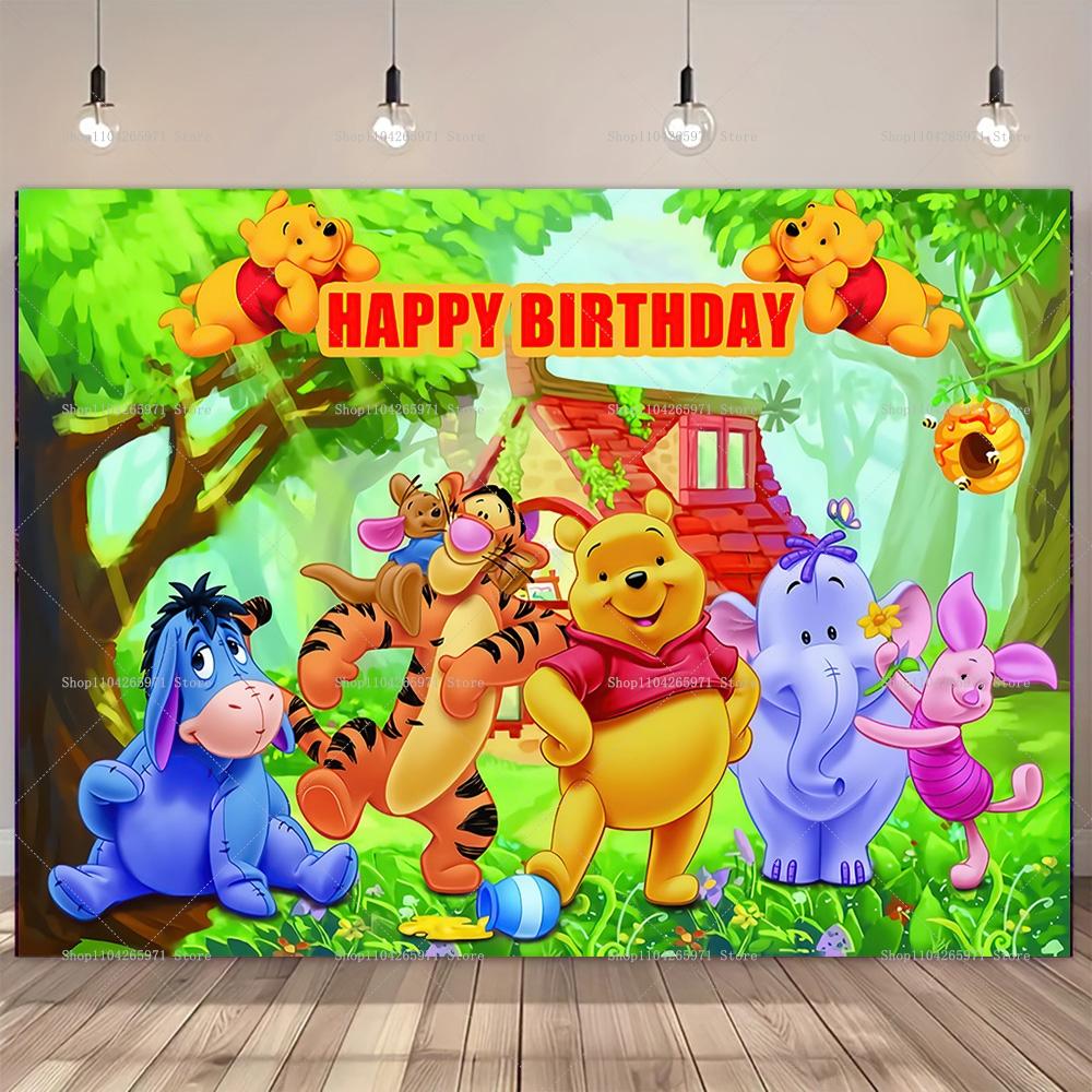 Winnie The Pooh Backdrop Kids Birthday Decoration Background Bear Friend Tiger Vinyl Polyester Photography Decor Props