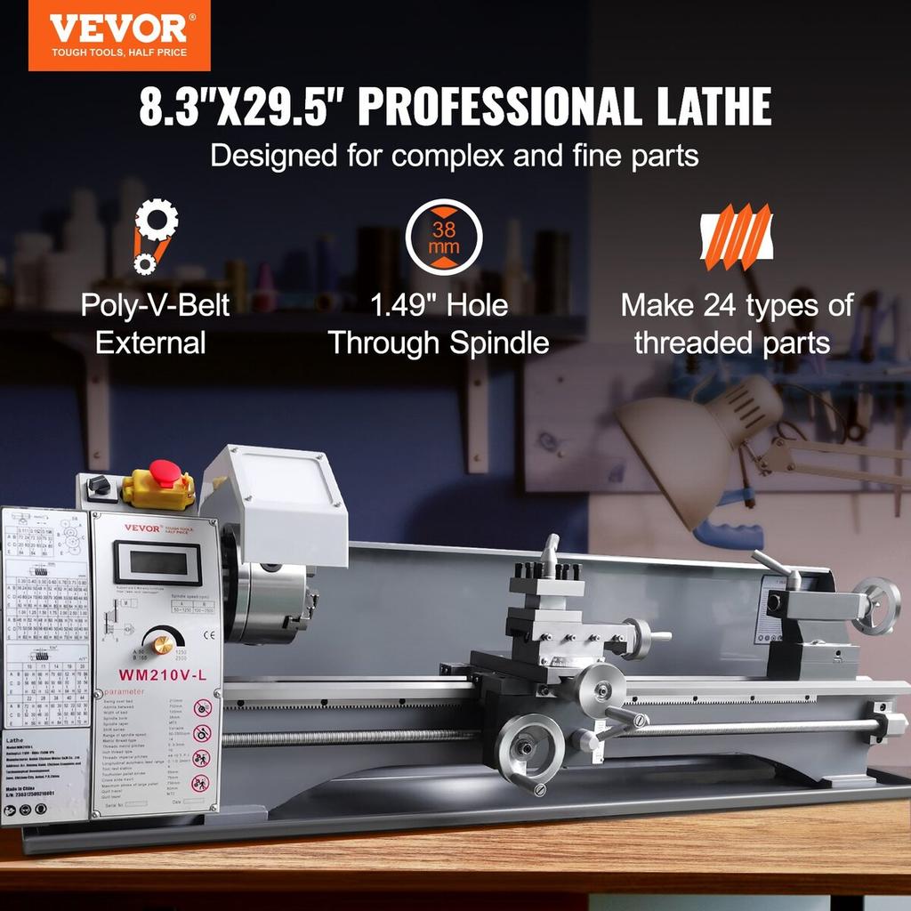 Metal Lathe Machine, 8.3'' x 29.5'', Precision benchtop power metal lathe, 0-2500 RPM Continuously Variable Speed, 750W Brushless Motor Metal Gears,