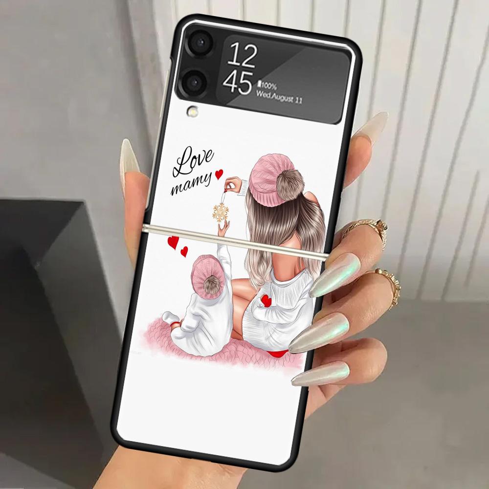 Mom Baby Girls Hard PC Phone Case For Samsung Galaxy Z Flip 6 5 4 3 Black Cover ZFlip6 Flip5 Flip4 5G Foldable Print Cases