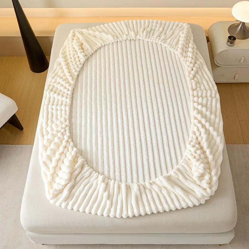 Thicken Bedsheet for Winter Bedcover Fluffy Plush Elastic Mattress Cover Fluffy Fleece Bed Linens Non-slip Mattress Cover