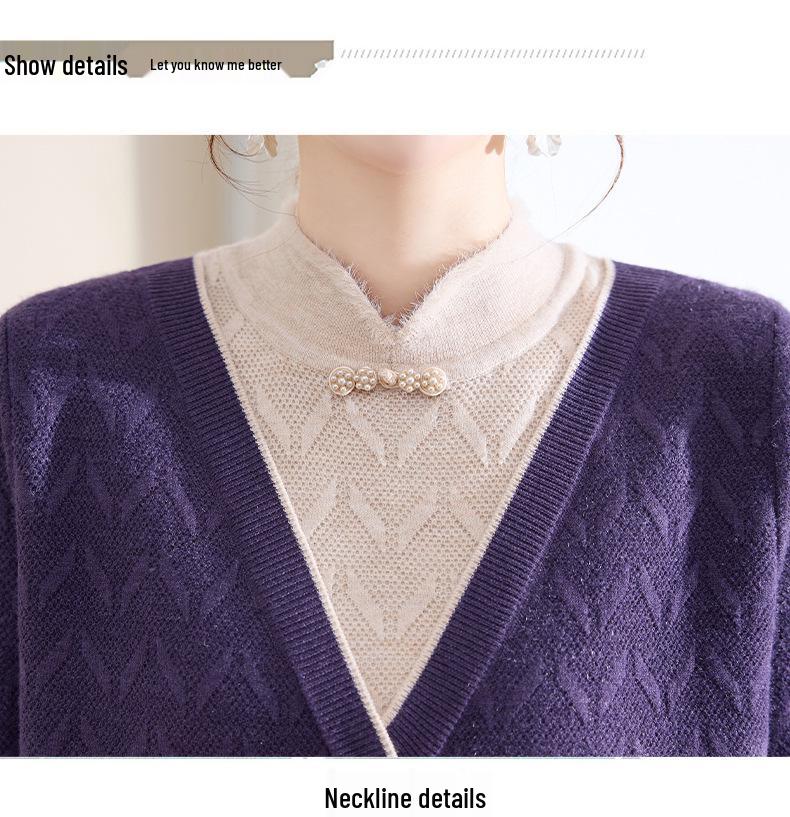 2025 Autumn/Winter New Arrival: Loose Long Sleeve Knit Sweater for Middle-Aged and Elderly Women - Simple, Comfortable Fake Two-Piece Style