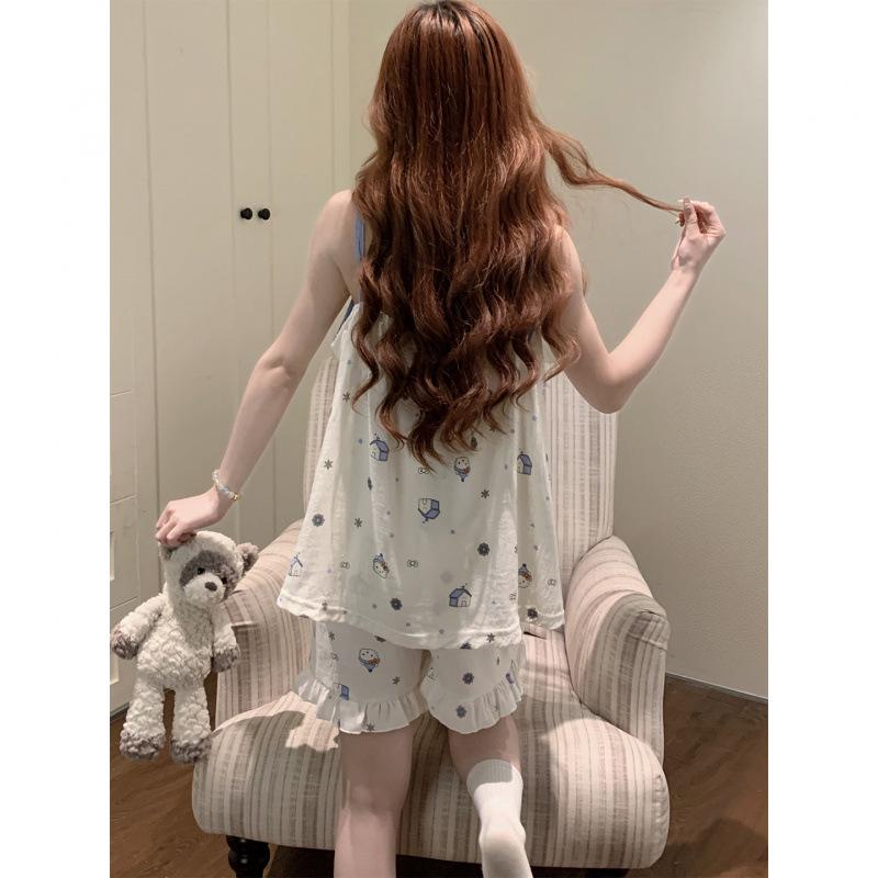 Korean Style Petite Women's Pajama Set with Chest Pads and Sweet Bow Summer Camisole, Suitable for Outdoor Wear