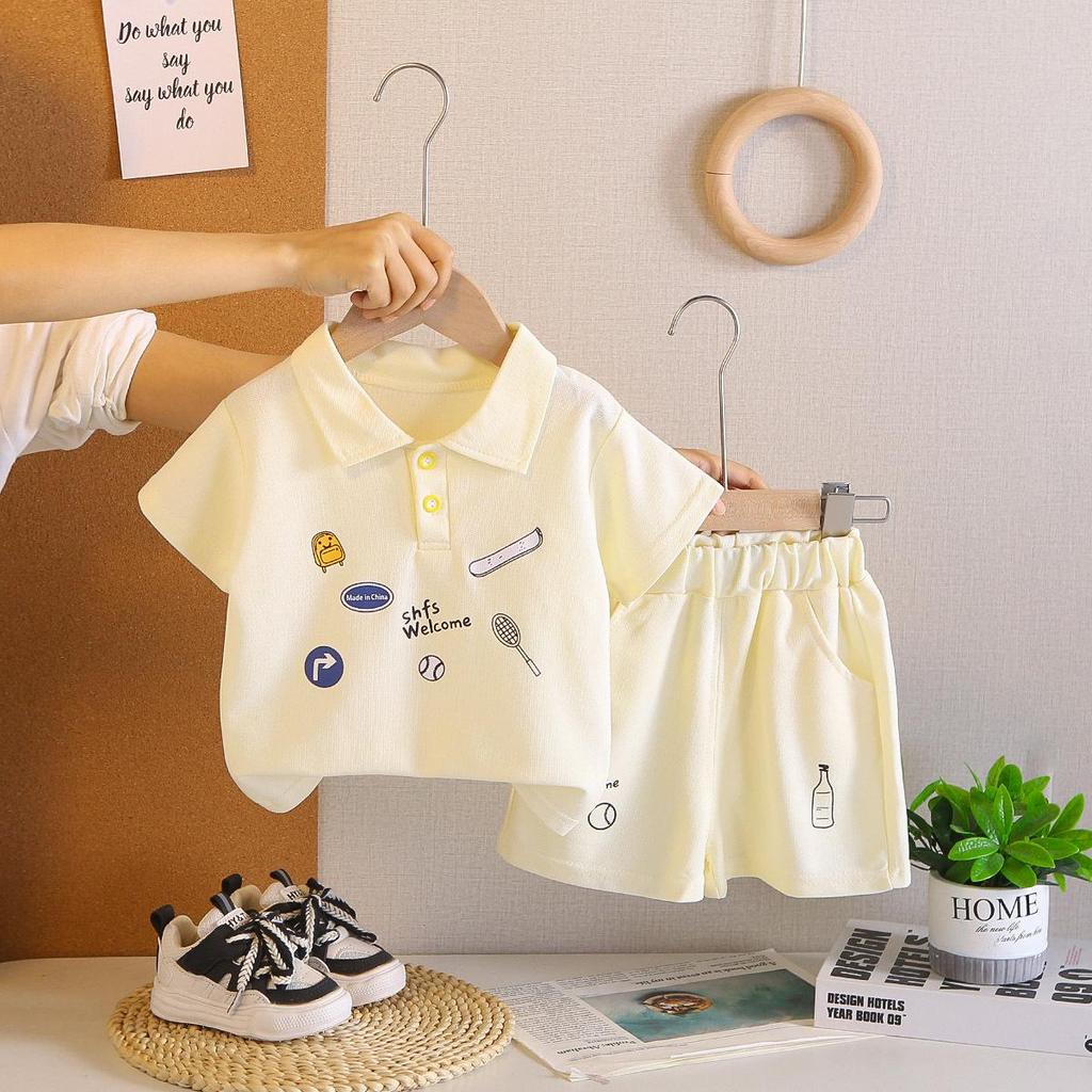 Boys' Stylish Summer Polo Shirt Two-Piece Set with Lapel Short Sleeves