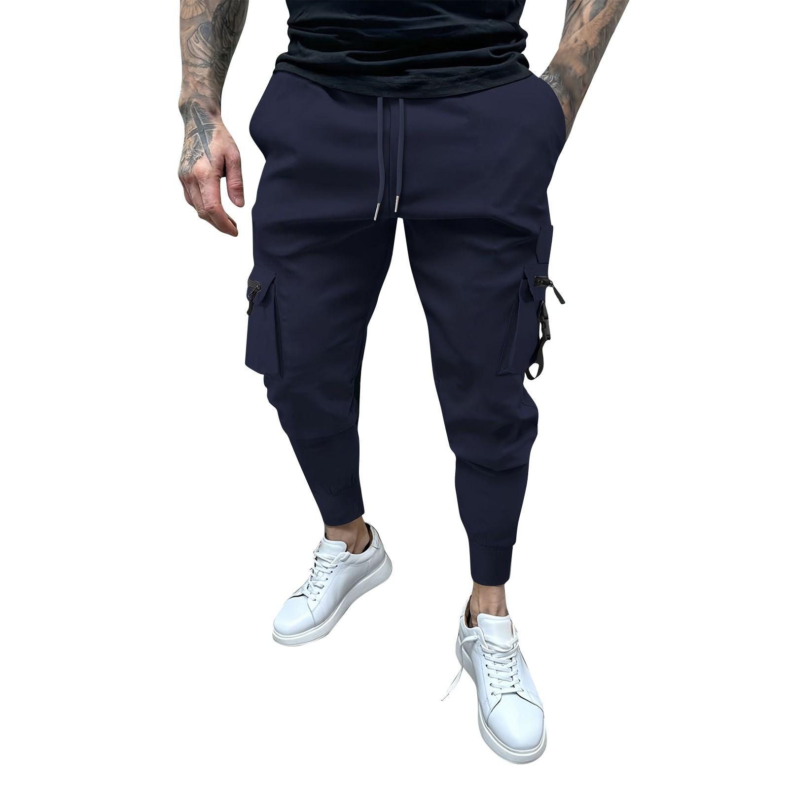 

Мужской однотонный комбинезон на молнии с несколькими карманами и шнурком, мужские повседневные брюки с шнурком XL тёмно-синий