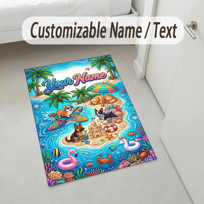Dog Theme Crystal Velvet Rug Personalized Custom Name Text Soft Floor Mat Home Decor