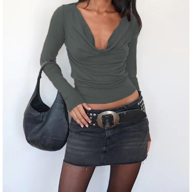 QICED Women's Fashion Casual Solid Color Print Long Sleeve V Neck Blouses & Shirts Unique Design