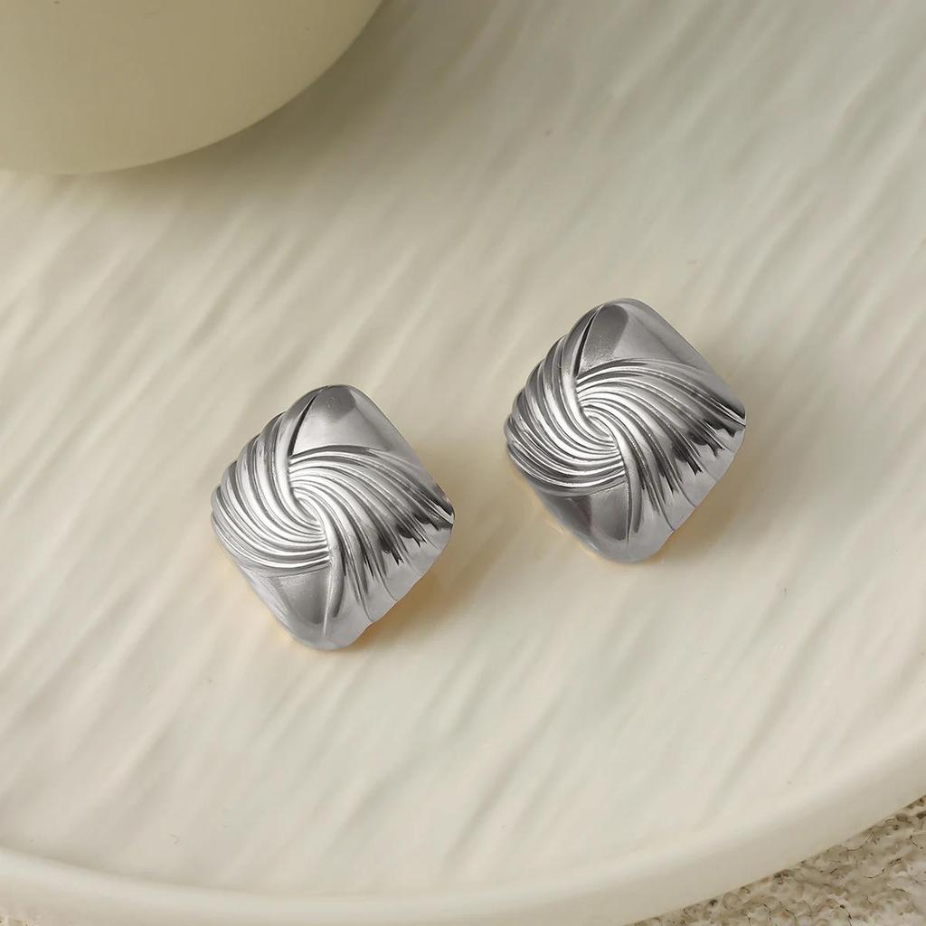 New Fashion Creative Stainless Steel 18K Gold Plated Square Stud Earrings Women Retro Spiral Striped Earrings Party Jewelry