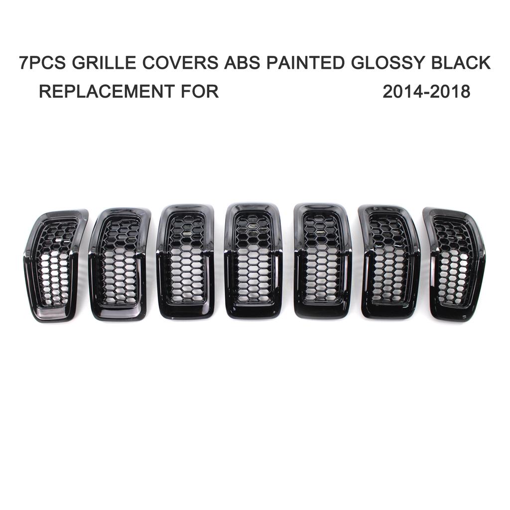 7PCS Grille Covers ABS Painted Glossy Black Replacement for Jeep Cherokee 2014 2018