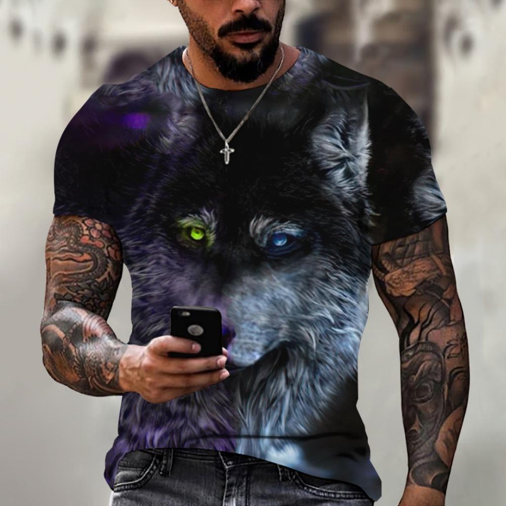 Men's T-shirt Outdoor Breathable Round Neck Top Summer Short Sleeve Wolf Print 3D Pattern Large Loose Men's Clothing