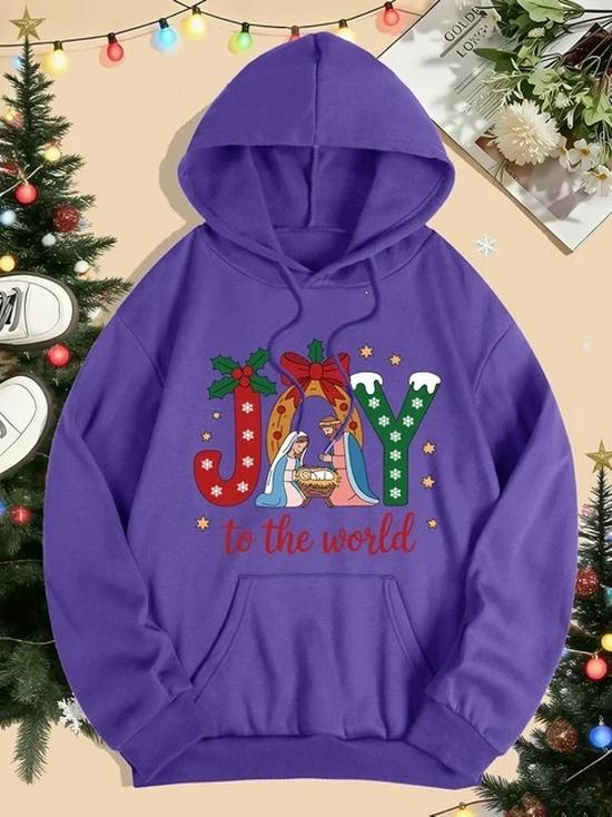Women’s Merry Christmas Happy World Print Pocket Loose Hoodie