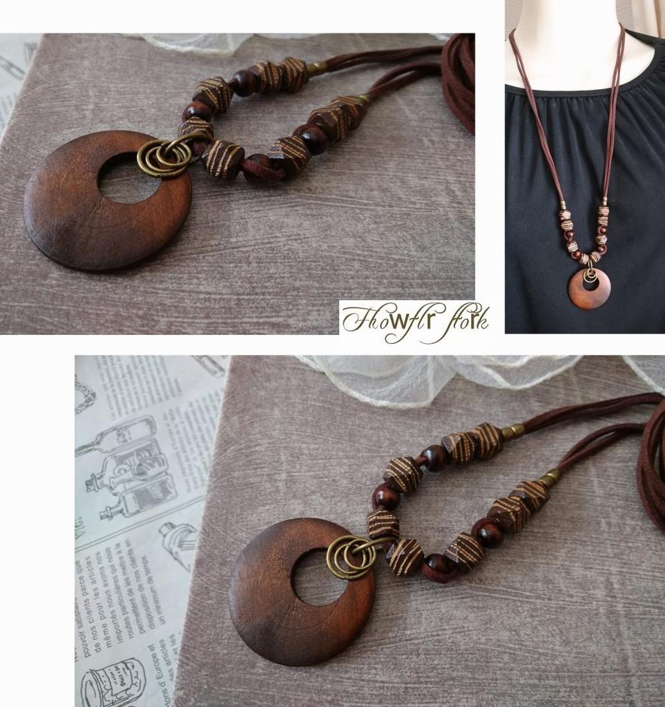 Leather necklace Wooden parts metal natural antique taste Striped pattern brown Wood Made in [flower storm] & (Accessories Japan)