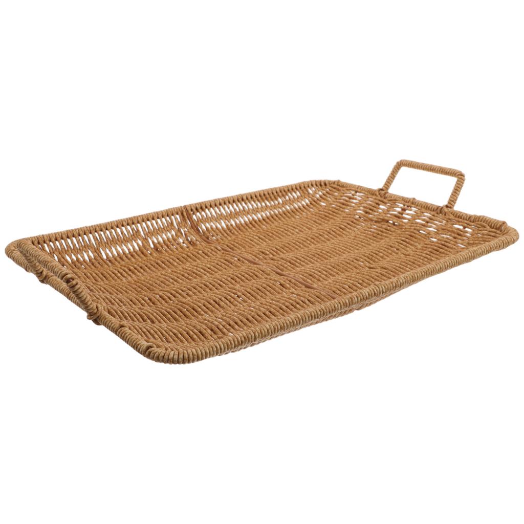 Rectangle Plastic Rattan Serving Trays with Handles Woven Storage Tray for Bread Fruit Snacks for Coffee Table Restaurant Buffet