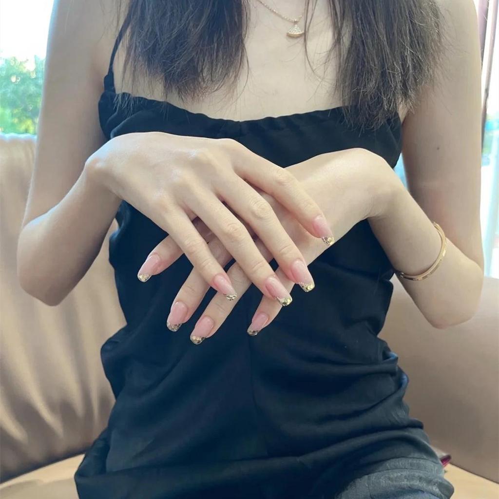 294 French Slant Glitter Press-On Nails - 24 Detachable Medium-Long Artificial Nail Tips