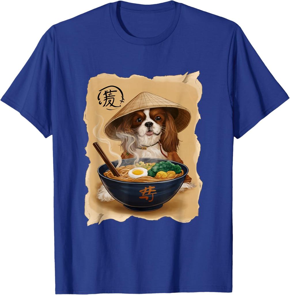 Cavalier King Charles Spaniel Eating Ramen Graphic T-Shirt Cool Asian Style Print Men's Casual Tee