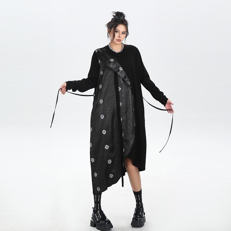 Xitao Vintage Embroidery Patchwork PU Fake Two Piece Dress Women GJ1229