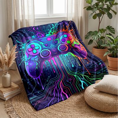 Neon Game Controller Art Theme Blanket Lightweight Warm Flannel Blanket Decorative Throw Blanket for Home Decoration