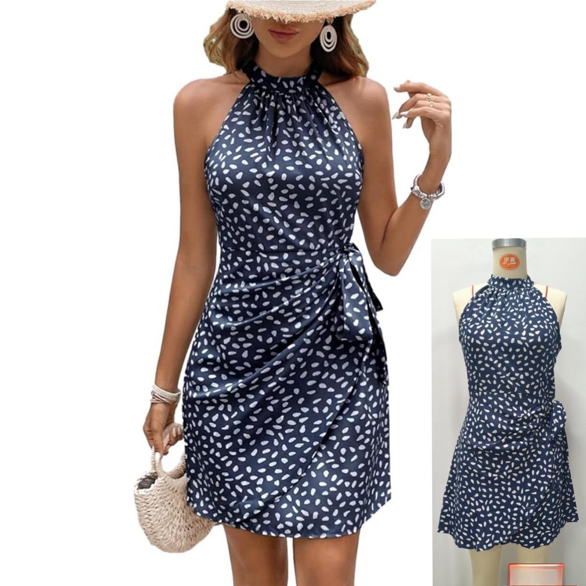 

С горошек плиссированное платье без рукавов платья с завязками на шее XXL тёмно-синий