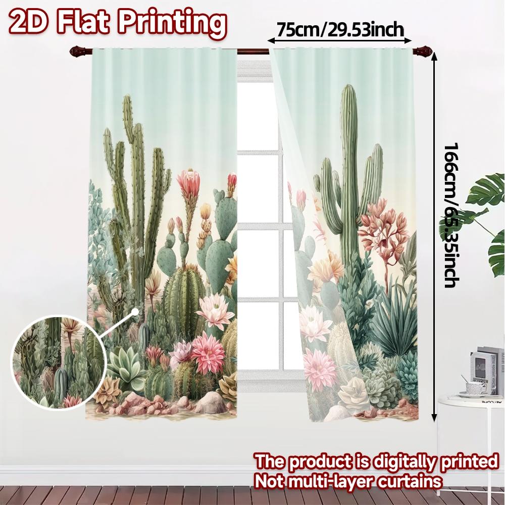 2pcs, 2D FLAT PRINTING Curtains (Without Rod) Cactus Garden Modern Curtain Fabric Prints Light Filtering Curtains Decorations