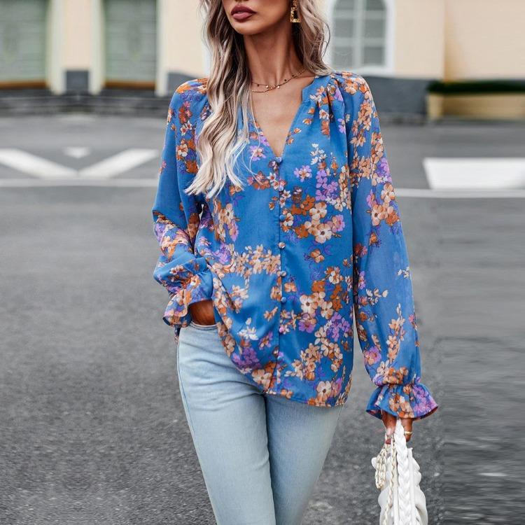 Elegant Floral Blouse for Women V Neck Lantern Sleeve Button Top Autumn Shirt