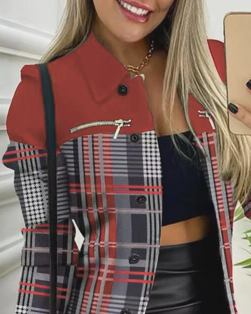 Autumn and Winter Women's New Fashion High Street Long Sleeve Zipper Color Block Print Polo Collar Versatile Coat