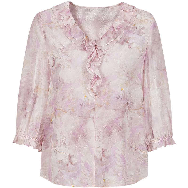 JiuZi Annakou 100% Silk Botanical Print Ruffle Mid-Sleeve Top XL