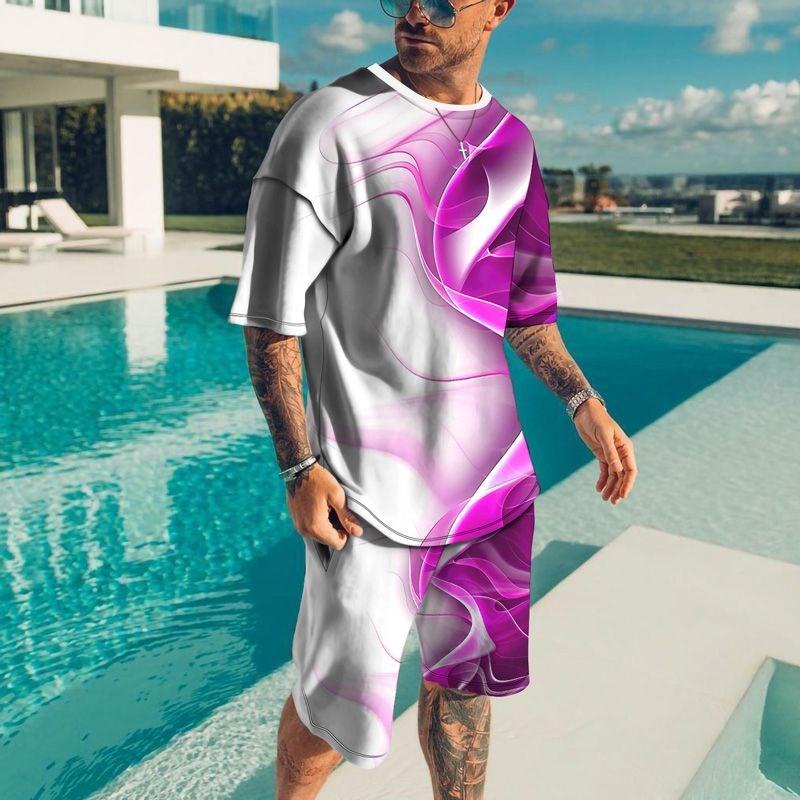 New Fashion T-shirt and Shorts Set Street Men's Clothing Men's Set 3D Short Sleeve Loose Casual Colorful Line Printing Suit
