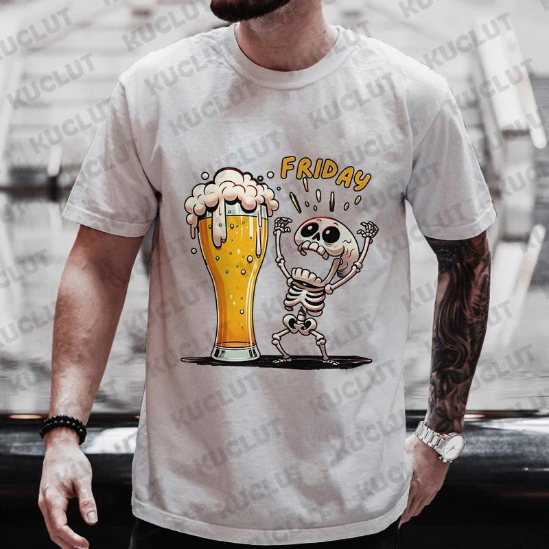 Cotton Men's T Shirt Skeleton Enjoying FRIDAY Beer Day Tees Men T-Shirt Finally Friday for Beer Lovers Male Clothes Short Sleeve Tops