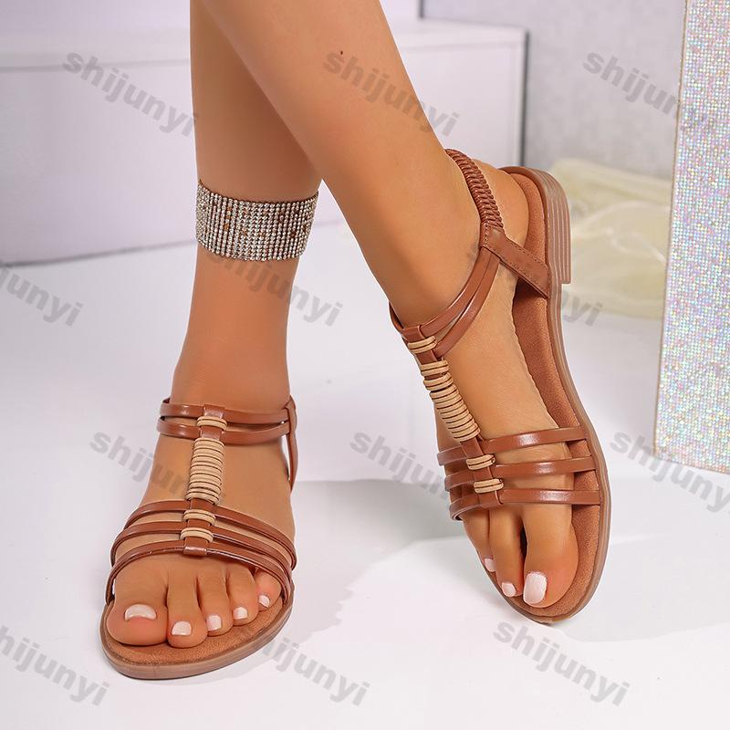 Fashion Women's Fashion Casual Flat Sandals Female Open Toe Casual Sandals 2025 Summer New Elastic Band Roman Beach Shoes Plus Size 43