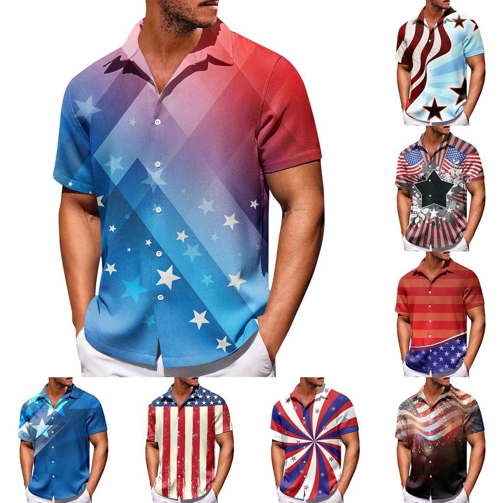 Camisas de Manga Corta con Botones y Estampado del Día de la Independencia para Hombre, Camisas Casuales de Moda de Manga Corta para Hombre