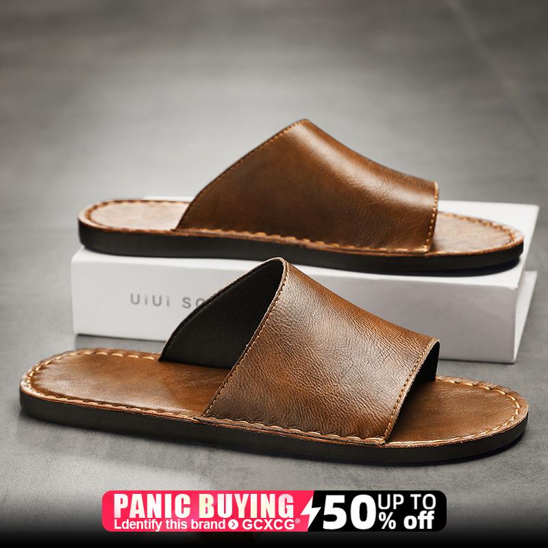 

Summer men s slippers, women s flat bottomed beach breathable genuine leather business casual non slip lightweight sandals 48 чорний
