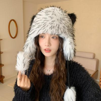 Hat Women's Big Head Circumference Shows Face Small Plush Hat Cute Cat Ears Lei Feng Hat Warm and Windproof Bag Head Hat