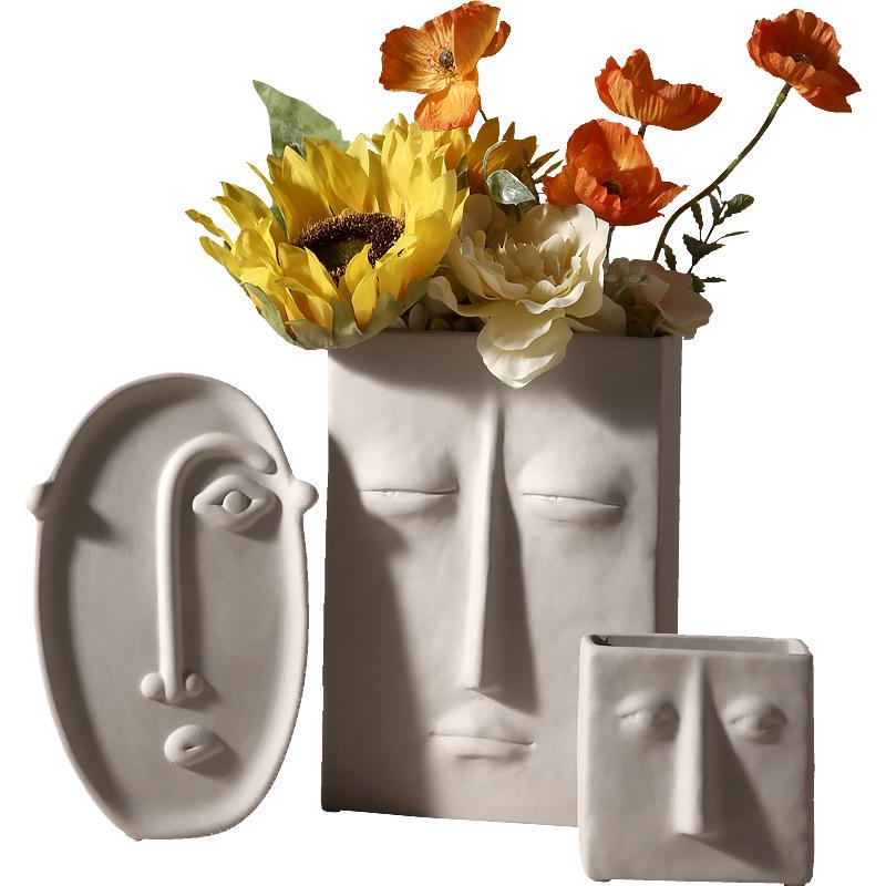 Retro Wabi-Sabi Clay Ceramic Face Sculpture Vase for Home Decoration