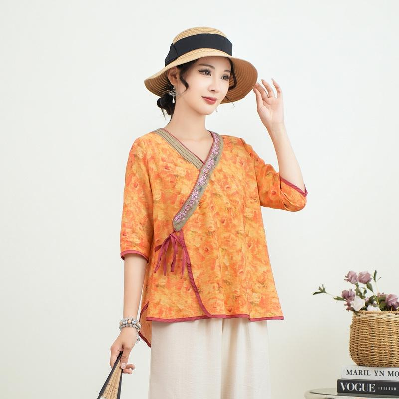 

Летний женский этнический топ Дзен для чая 2025 - шелковый лен, рукав до середины предплечья, принт XXXL - 125-135 jin жёлтый