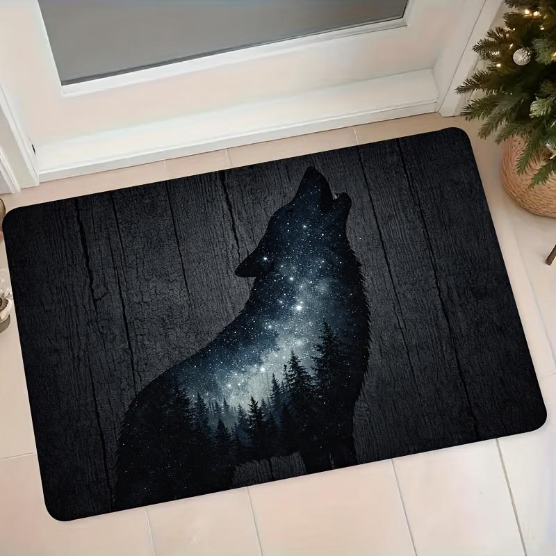 1pc Flannel Doormat, Starry Sky Wolf Silhouette Entrance Mat, Non-Slip Absorbent Foot Mat for Bedroom and Bathroom, Household Entryway and Foyer Floor