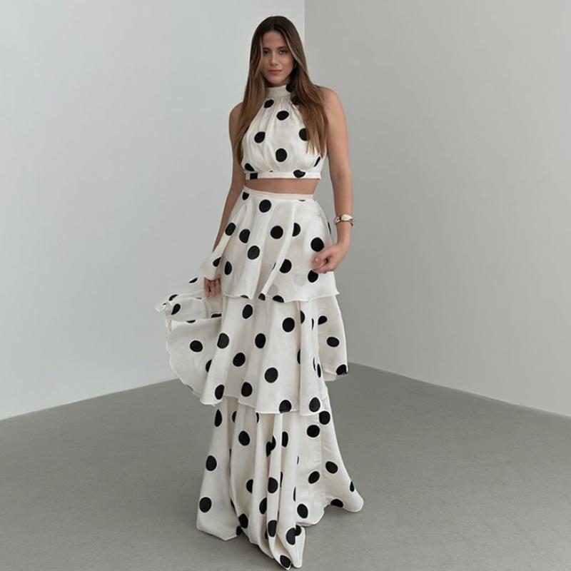 2 Piece Sets Polka Dot Long Dress Women 2026 Summer Sleeveless Top Ruffle Pleated Dress Set Luxury Party Sexy Female Dress Set