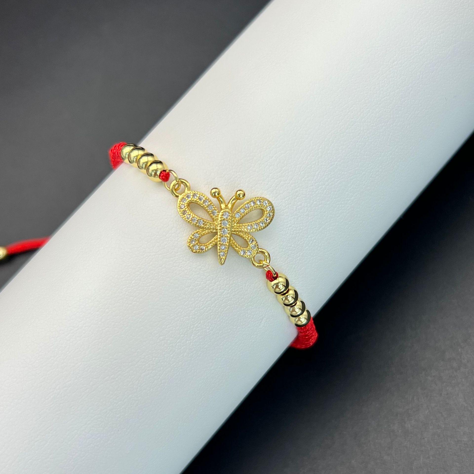 Регулируемый роскошный браслет из красной веревки с инкрустированным медью цирконом и дизайном бабочки