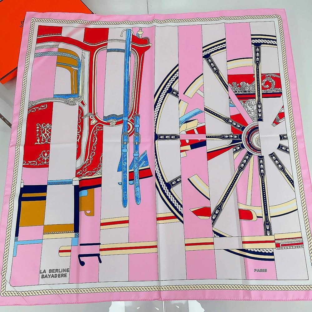 90CM Manual Hand Rolled Twill Silk Scarf Women Square Scarves Luxury Wheel Foulard Wrap Bandana Hijab for Girl Friends