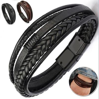 Hübsches braunes handgewebtes mehrschichtiges Lederarmband mit magnetischer Lederschnalle für Herren