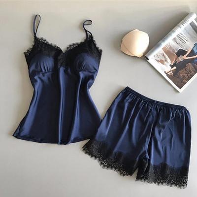 Damen Neu Pyjama Mode V-Ausschnitt Stretch Satin Babydoll Spitze Sexy Dessous Schleife Pyjamas Schlafshorts Set Nachtwäsche